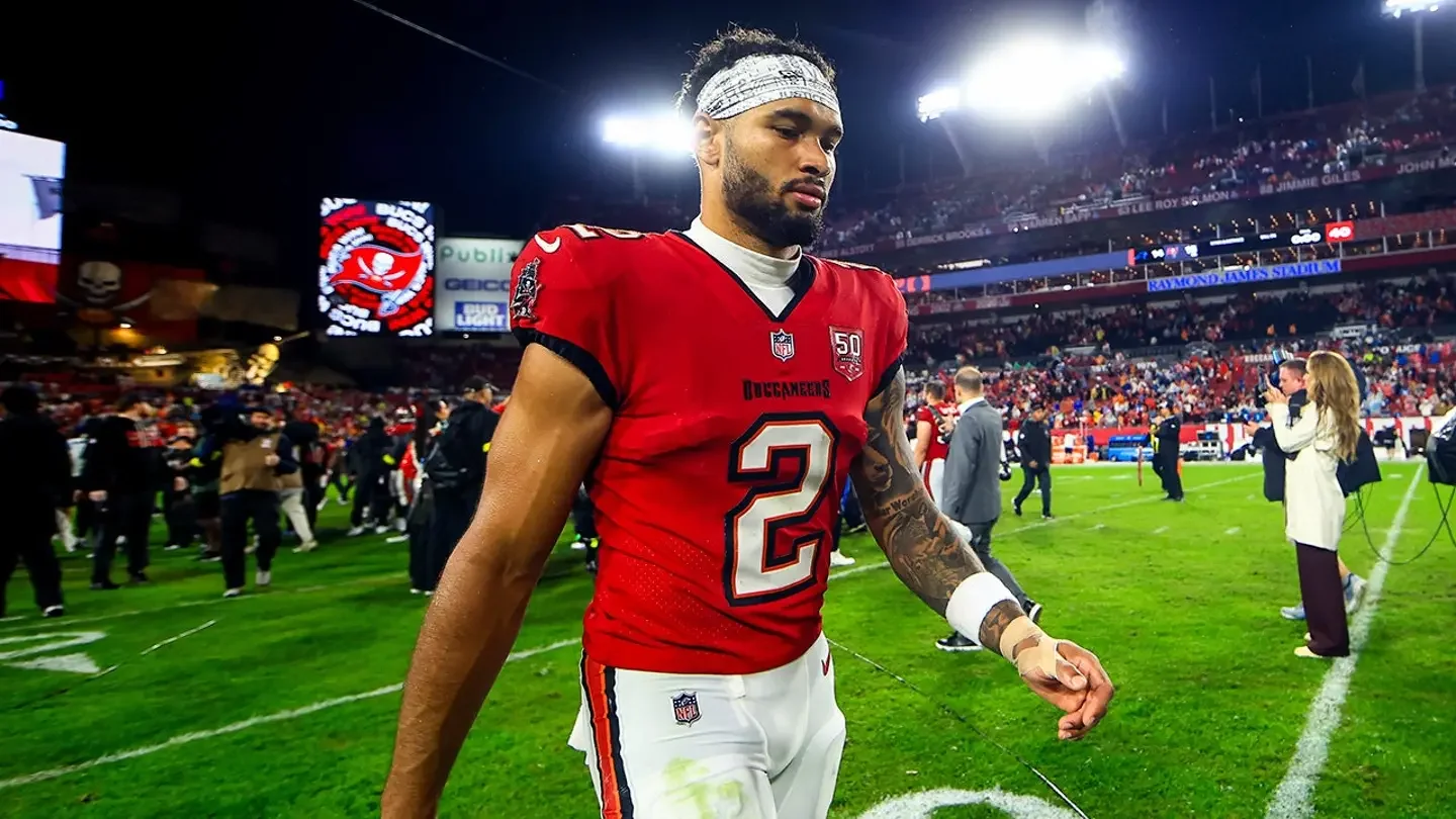 Emeka Egbuka #2 of the Tampa Bay Buccaneers walks off the field after defeating the Carolina Panthers at Raymond James Stadium in Tampa, Florida, on Jan. 3, 2026. (Mike Ehrmann/Getty Images)