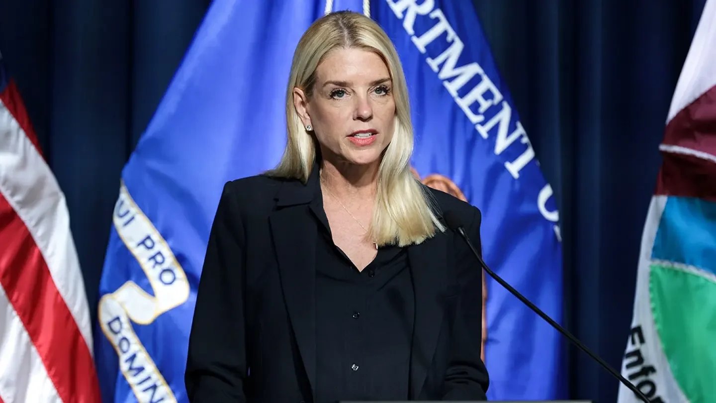 Then-U.S. Attorney General Pam Bondi speaks during a news conference on July 15, 2025, in Arlington, Va. (Alex Wong/Getty Images)