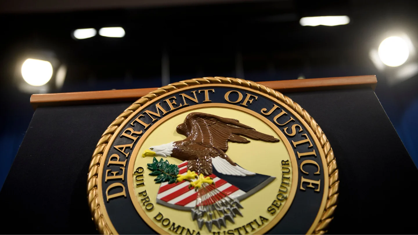 A view of a Department of Justice logo on April 18, 2019, in Washington, D.C. (BRENDAN SMIALOWSKI/AFP via Getty Images)