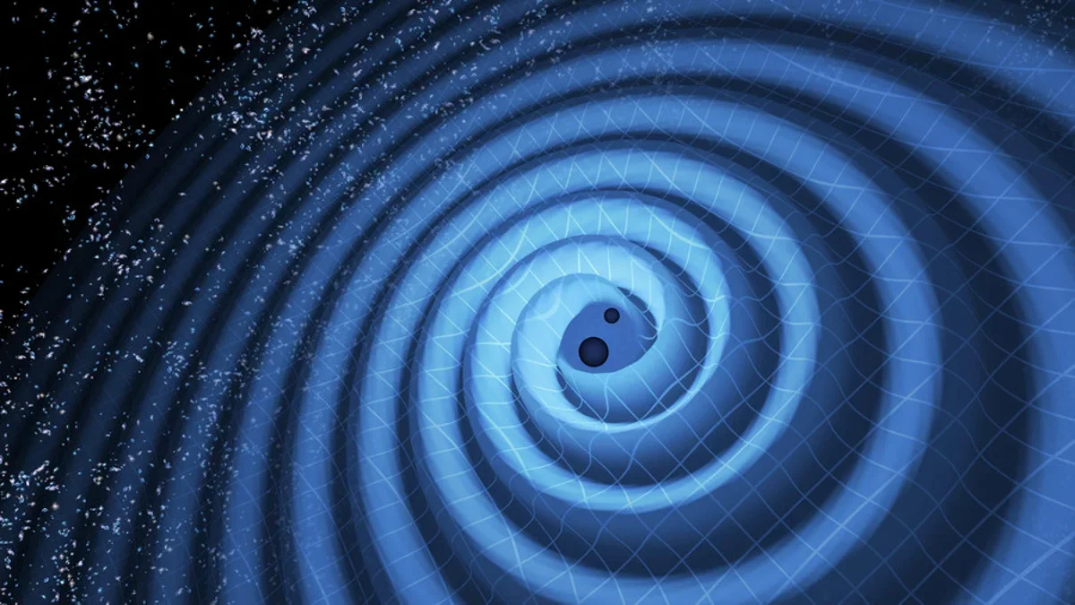 This illustration shows gravitational waves rippling outward from two soon-to-merge black holes. T. Pyle LIGO